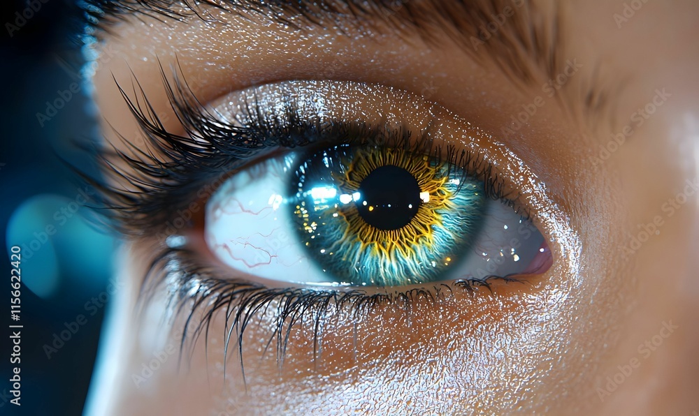 Poster close-up of vibrant eye with intricate patterns and reflections