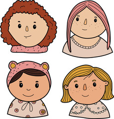 Set of icons of girls, teenagers. Female face various types signs thin line Icon set Include of avatar user, portrait or person head. Vector illustration of icons