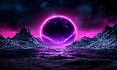 Enchanting Alien Landscape with Bright Neon Glow and Mountains