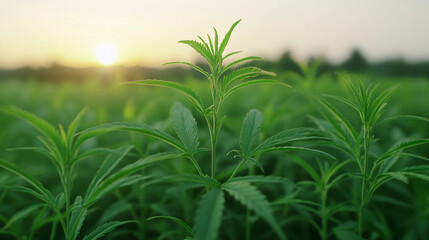 Fototapeta premium A close-up shot of green plants bathed in warm sunlight, showcasing vibrant leaves against a scenic background.