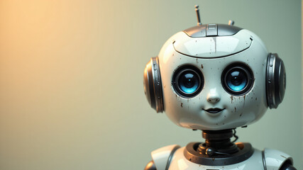 A charming robot doll with big blue eyes, vintage design, and a friendly expression.