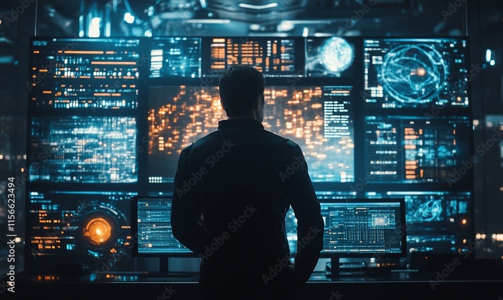 Poster a figure stands before a high-tech control panel filled with data displays.