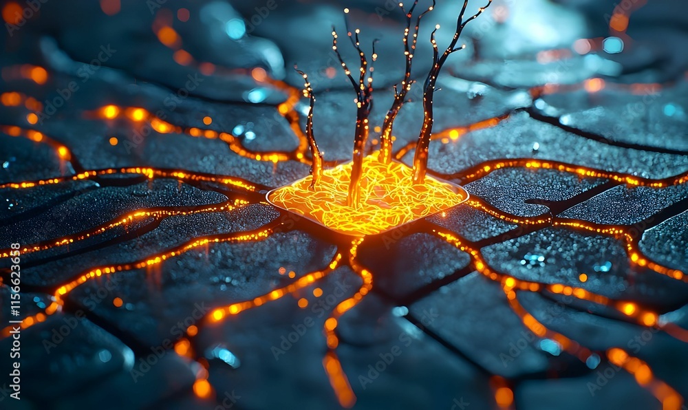 Poster glowing lava cracks with branching light paths on dark surface