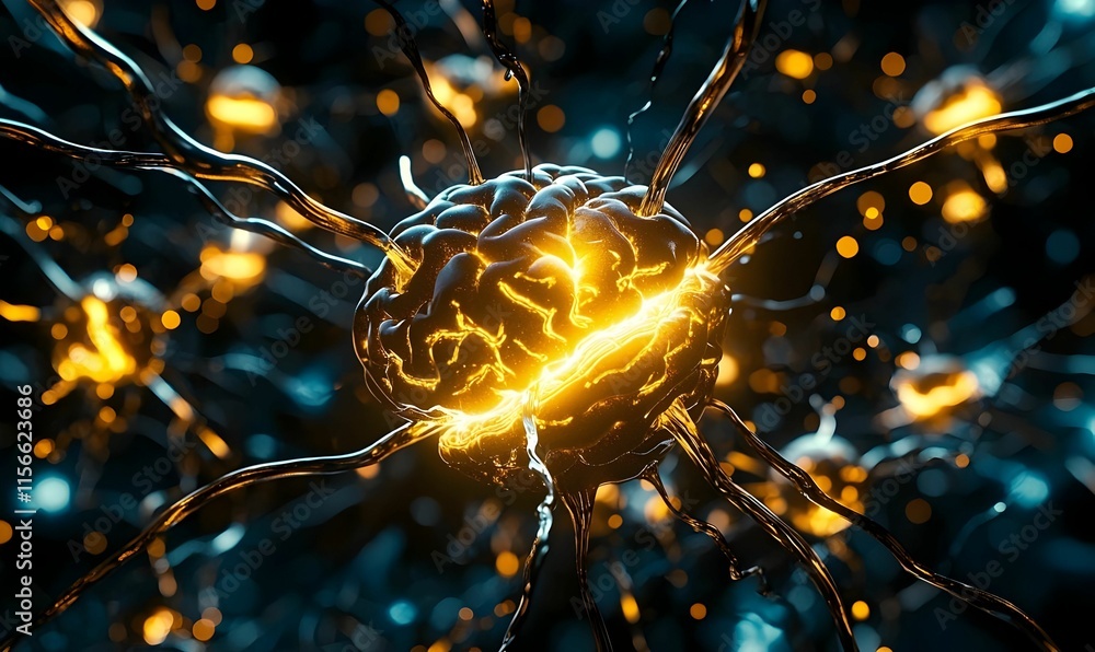 Poster illuminated neuron with synaptic connections in abstract style