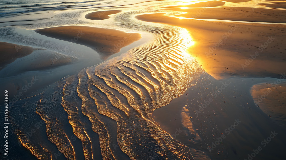 Poster aerial view of a tranquil beach at dawn shows gentle waves creating patterns on sand under the risin