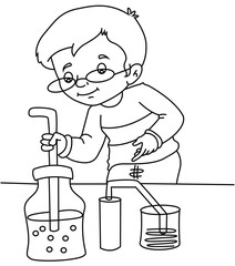 Cute cartoon hand drawn vector Little boy making science experiments coloring page.
