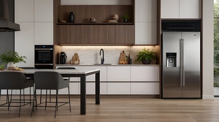 A kitchen with a stainless steel refrigerator and a black chair. The refrigerator has a water dispenser and a freezer. The kitchen has a modern design with a wooden floor and white cabinets