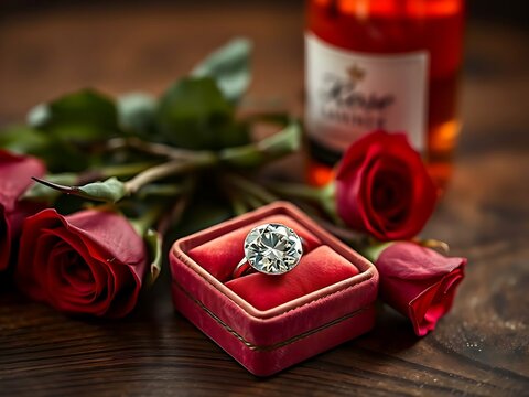 Romantic scene with an wedding diamond ring in a velvet box adorned with red roses and a wine bottle place on wooden surface, Valentine Day concept - Powered by Adobe