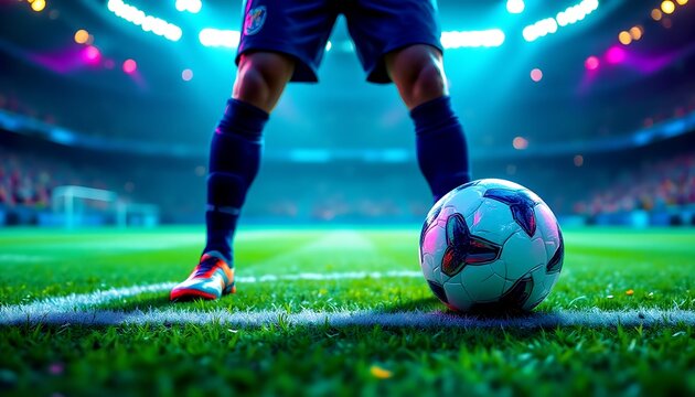 Closeup of a football player standing with a soccer ball in the field during the game with spotlight in purple and blue neon light color, sports concept