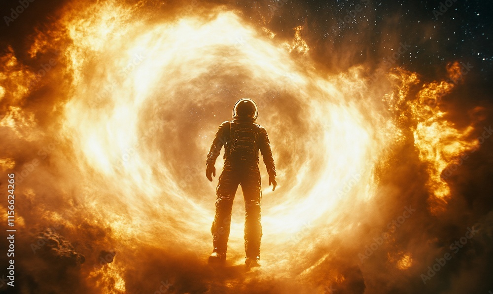 Poster a figure stands before a fiery portal, evoking themes of exploration and the unknown.
