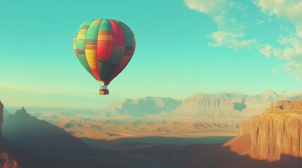 Fototapeta premium Colorful hot air balloon soaring over a vast, scenic desert landscape under a clear sky.