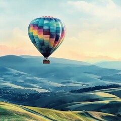 Fototapeta premium Colorful hot air balloon soaring over scenic rolling hills and mountains at sunrise.
