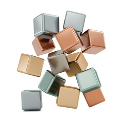 A cluster of colorful, metallic cubes floating in a dynamic arrangement.
