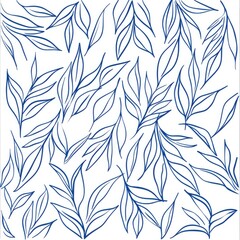 A pattern of blue outlined leaves on a white background, ideal for textiles or wallpapers.