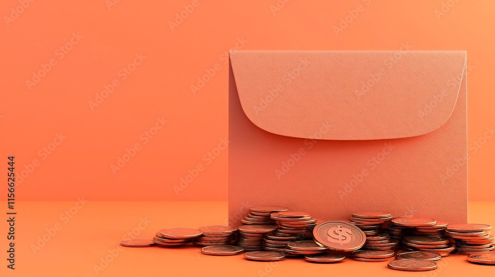 Poster red envelope with coins beside it against a clean minimalist abstract backdrop creating a 3d perfect