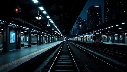 Fototapeta premium Empty railway station platform with passing train in the night scene