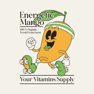 mango wearing roller skates retro cartoon mascot