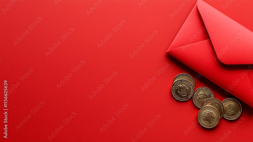 Poster red envelope with coins beside on abstract clean backdrop 3d representing financial prosperity wealt