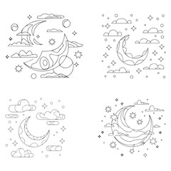 One single line drawing of islamic ornament with moon and star and cloudy sky on white background. Ramadan Kareem greeting card, banner, and poster concept. Continuous line draw vector 