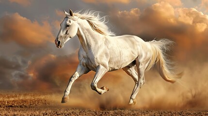 White Horse Galloping Across Dusty Field at Sunset
