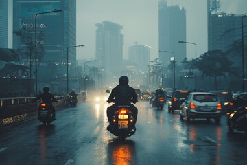 Air pollution in crowded city full of fog and smoke