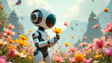 A charming robot holding a flower in a vibrant field filled with colorful blooms.
