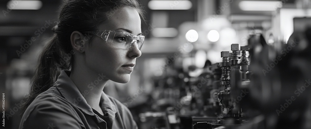 Poster a focused engineer working in a laboratory setting, analyzing equipment.