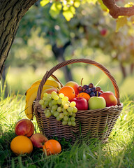 Vibrant Mixed Fruit Basket in a Peaceful Orchard Scene