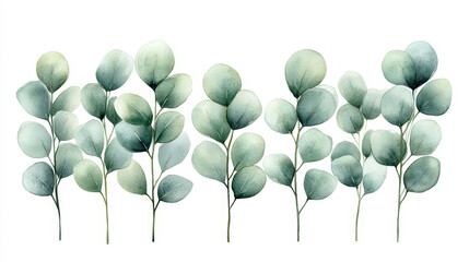 Watercolor eucalyptus branches with soft green leaves