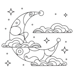 Outline vector illustration of crescent with cloud and star. Line drawing for the mystical blog, social media, sticker, or card. Tarot, astrology, spiritual concept.