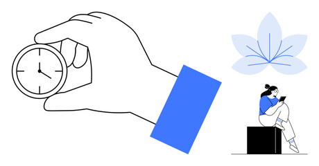 Hand holding clock, woman reading on box, and abstract flower represent balance in productivity. Ideal for time management, productivity, mindfulness, self-care, work-life balance, relaxation