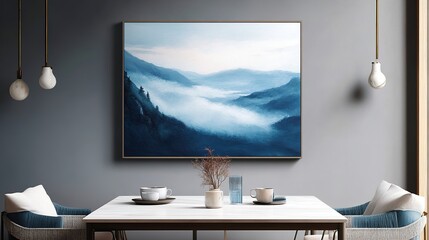 Serene Blue Mountain Valley Fog Landscape Painting