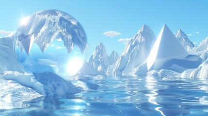 Crystal sphere nestled amongst arctic icebergs and snow-capped mountains, reflecting sunlight on calm water.