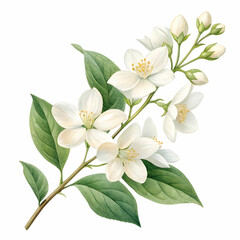 Fototapeta premium White jasmine flower branch watercolor illustration showcasing elegance and tranquility
