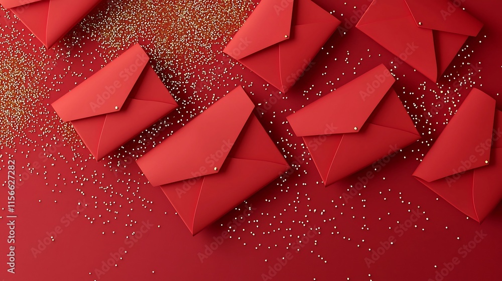 Poster vibrant 3d featuring scattered red envelopes adorned with shimmering gold sparkles creating a dynami