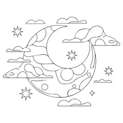 Outline vector illustration of crescent with cloud and star. Line drawing for the mystical blog, social media, sticker, or card. Tarot, astrology, spiritual concept.