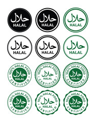 Halal sign icon illustration, halal food symbol isolated, islamic stamp logo set, 100% halal certified badge symbol design for product label sticker