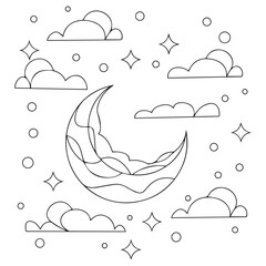 Outline vector illustration of crescent with cloud and star. Line drawing for the mystical blog, social media, sticker, or card. Tarot, astrology, spiritual concept.