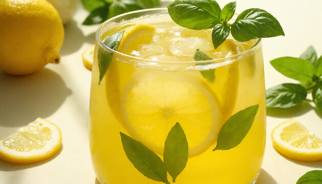 Refreshing lemon basil lemonade in vibrant yellow and green for summer hydration with copy space