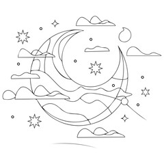 Outline vector illustration of crescent with cloud and star. Line drawing for the mystical blog, social media, sticker, or card. Tarot, astrology, spiritual concept.