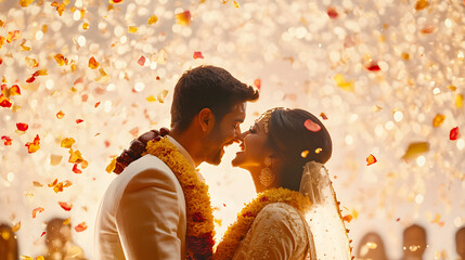 Indian wedding scenes, capturing the vibrant colors, traditional rituals, and joyful celebrations, illustrating the rich cultural heritage and festive atmosphere of a wedding in India.
