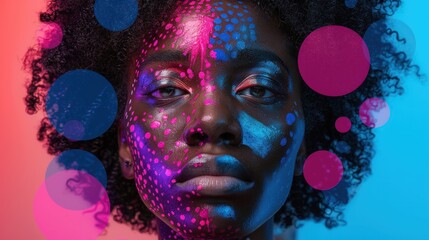 Close-up portrait of a young woman with vibrant, colorful face paint against a blurred background with pink and blue circles.