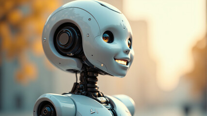 Fototapeta premium A charming, humanoid robot with a shiny silver exterior and a warm, inviting smile.