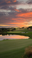 Lush golf course at sunset, calm lake reflecting vibrant sky, well-maintained grass, scattered golf balls, and distant hills.
