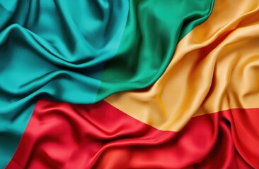 Colorful Waving Flag of Benin Draped on Soft Silk Fabric