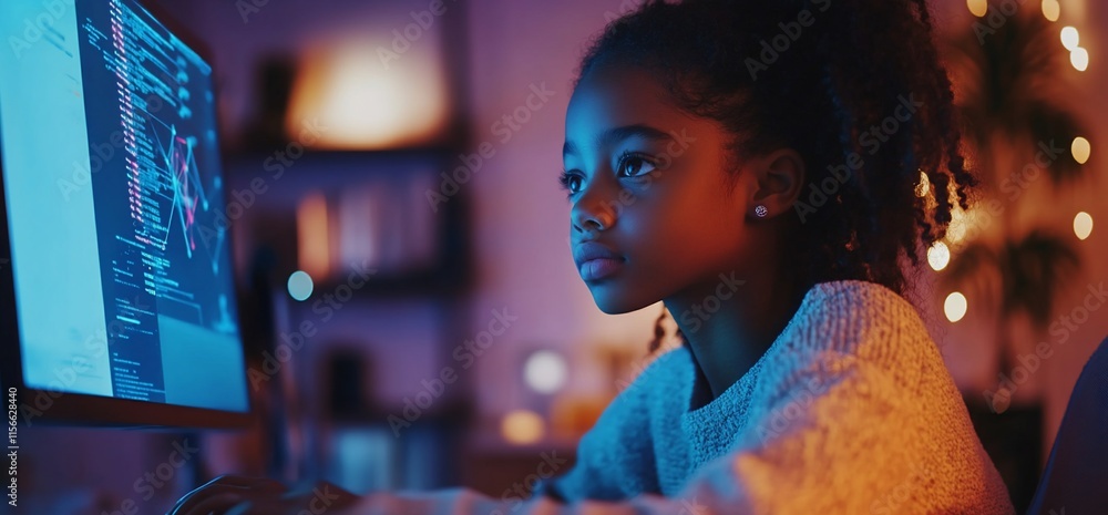 Poster a focused young girl engages with coding on a computer in a cozy setting.