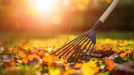 Autumn leaves and garden cleaning equipment, raking leaves in the yard with a pitchfork against the blurred background of sunlight rays. A fall season banner for lawn care service or gardening concept