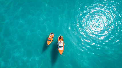 Obraz premium Aerial view of two kayaks on turquoise water.