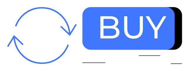 Circular arrows indicate a continuous process alongside a prominent BUY button in blue. Ideal for online shopping, e-commerce, transaction flow, customer journey, user guidance, business process