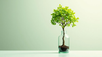 This image showcases a vibrant green tree planted in a glass bottle, perfect for indoor decor.
